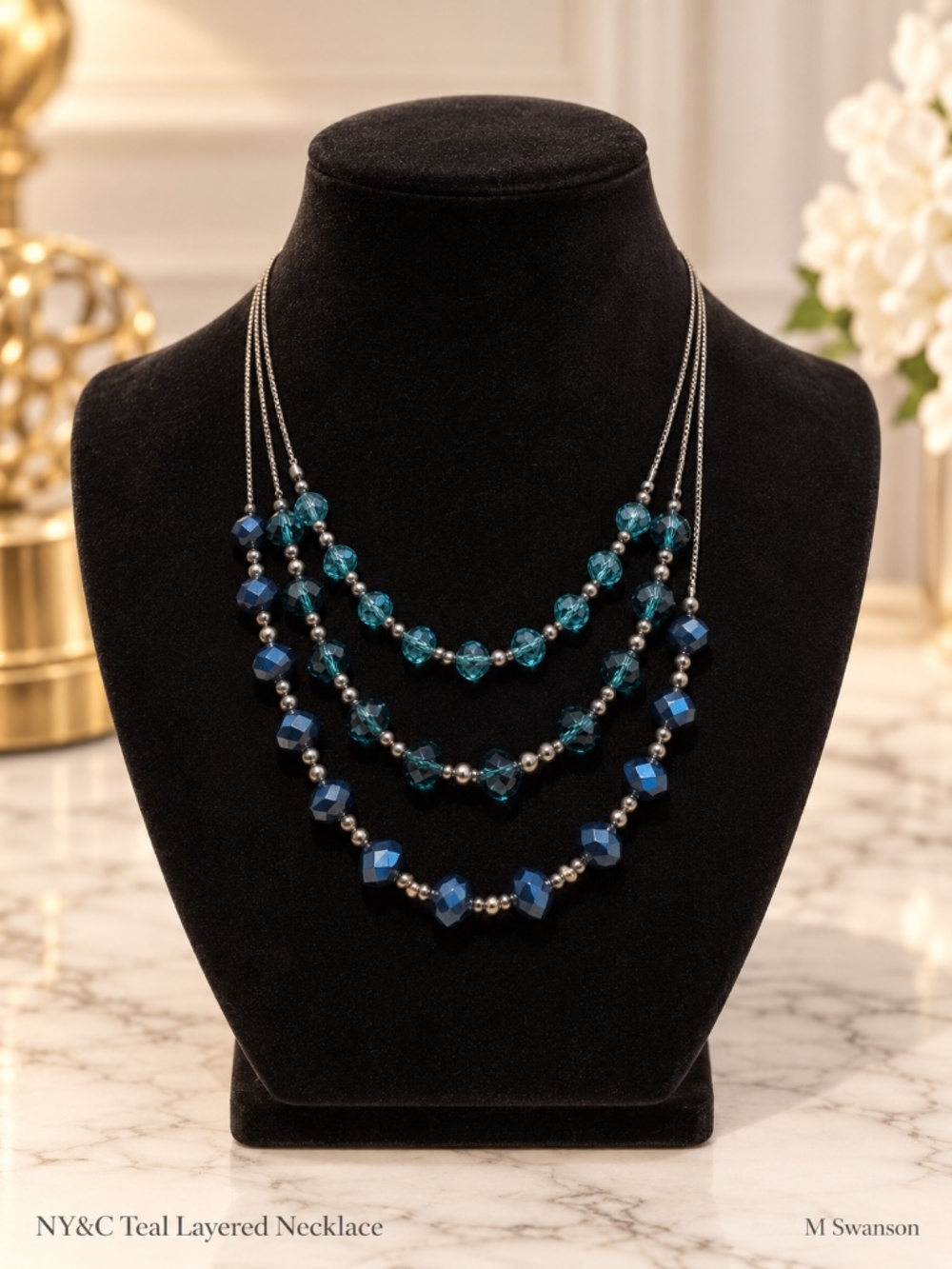 New York & Company Teal Blue 3-Strand Beaded Necklace Adjustable 16–20.5”